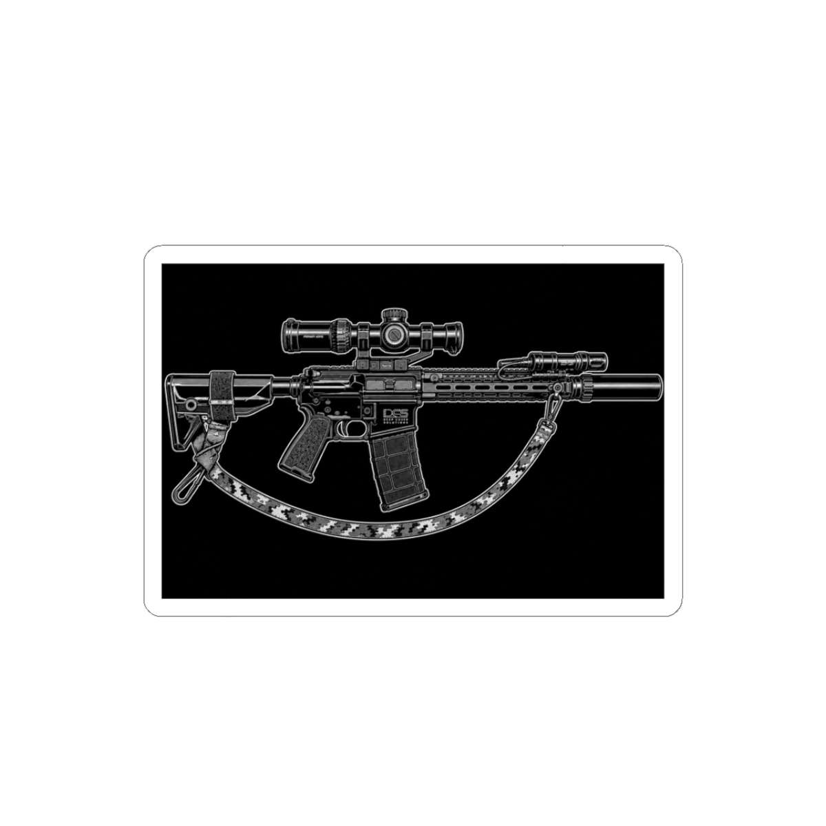 Tactical Rifle Sticker — Black Outline AR-Style Kiss-Cut Decal for Laptops & Gear